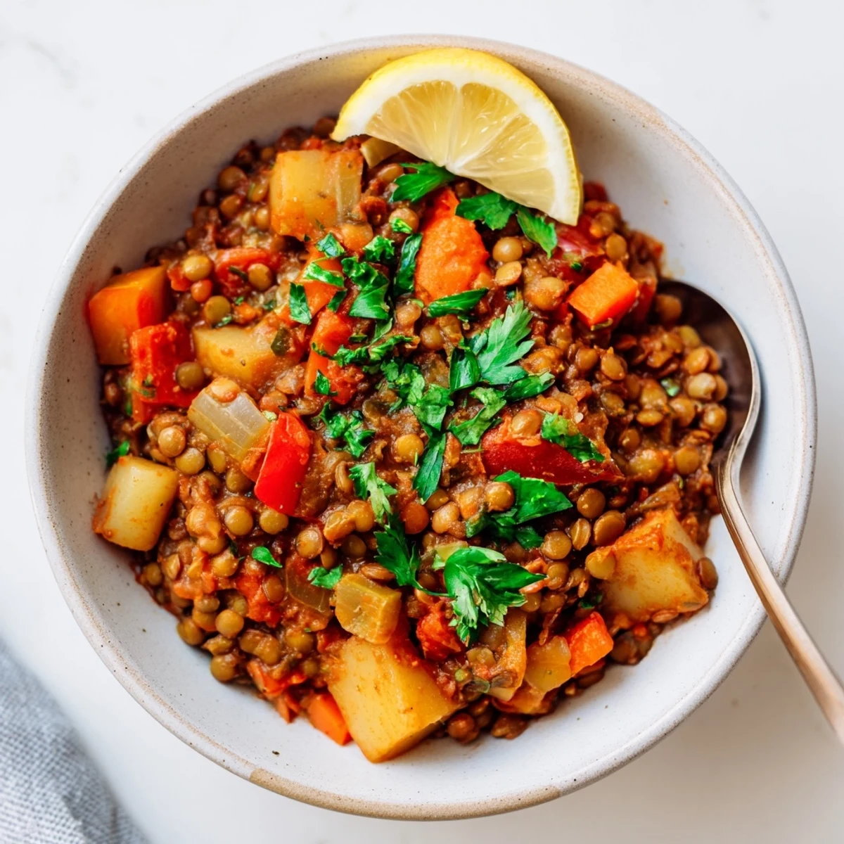 Herzhafter One-Pot-Linseneintopf in einer großen Schüssel, dampfend heiß serviert.  