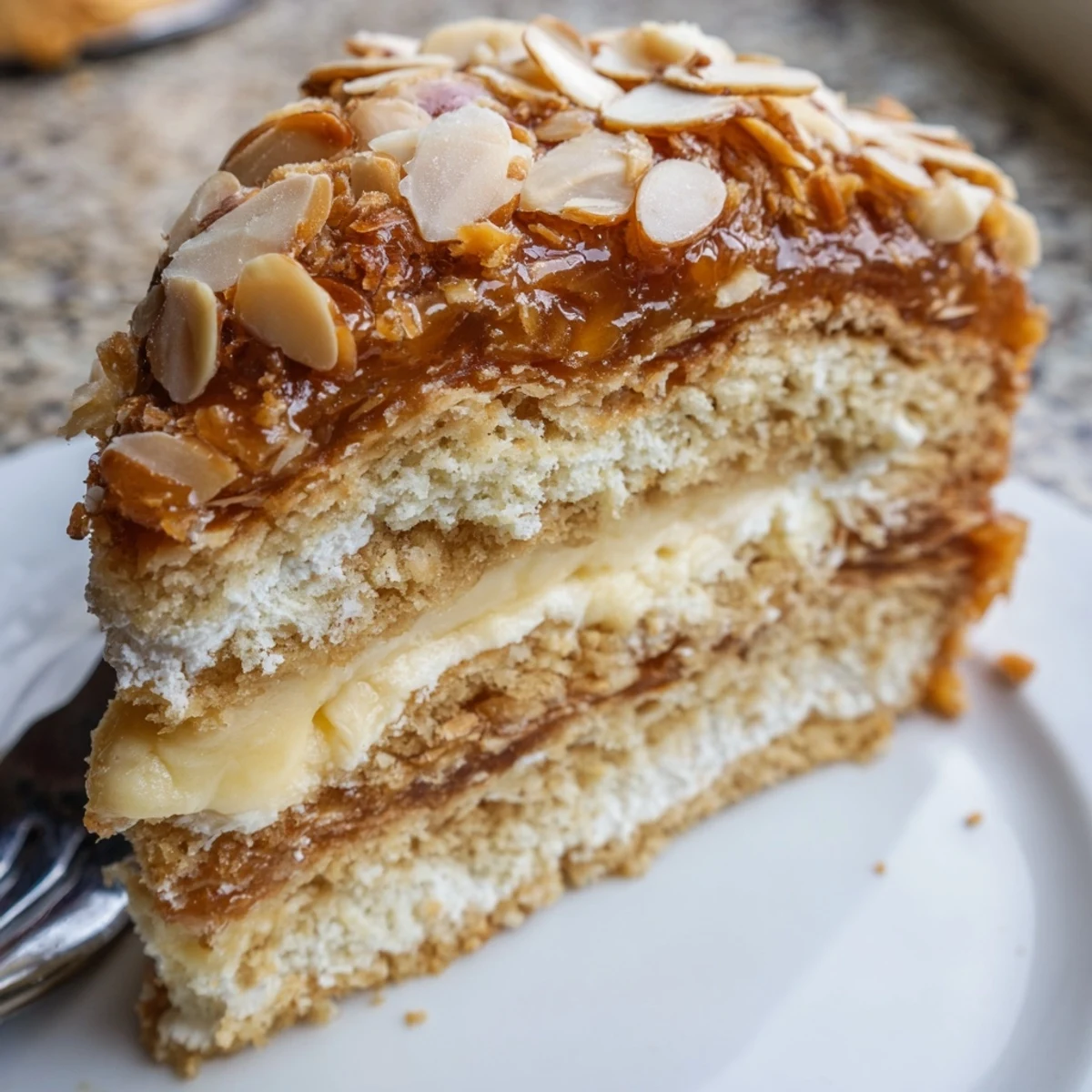 Saftiger Bee Sting Cake mit cremiger Vanillefüllung und knusprigem Honigtopping.