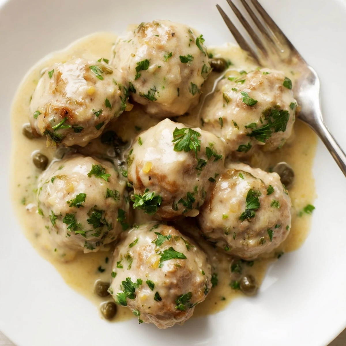 Zarte Kalbs- und Schweinefleischbällchen in cremiger Kapernsauce serviert.
