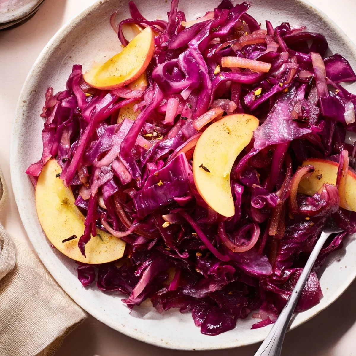 Lebensmittel Blog Rezeptbild von gekochtem Rotkohl mit Apfelstücken in einer Schüssel.
