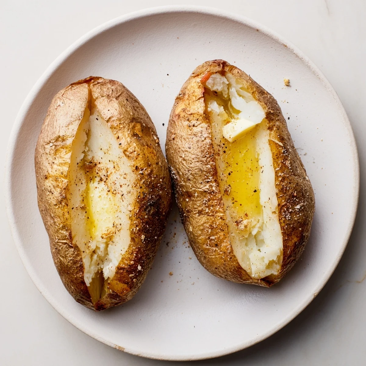 Golden brown The Ultimate Baked Potato baked to perfection, served with melting butter and chives.