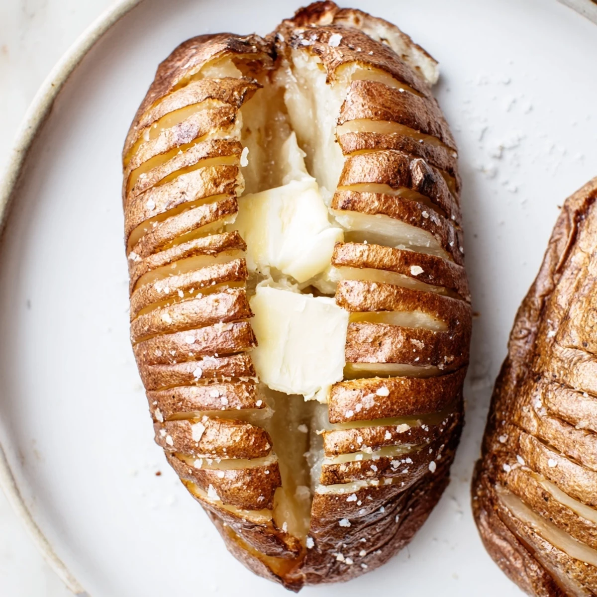 A freshly made The Ultimate Baked Potato, fluffy inside, perfect for loading with your favorite toppings.