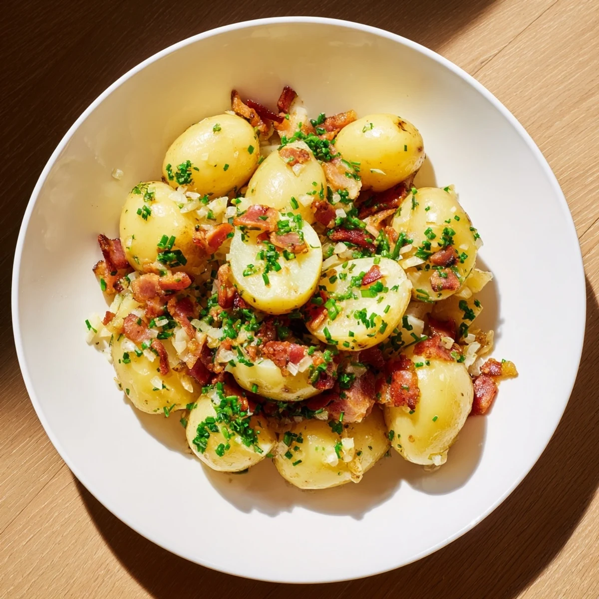 Warm German potato salad, glistening with bacon, served warm for a comforting side dish.