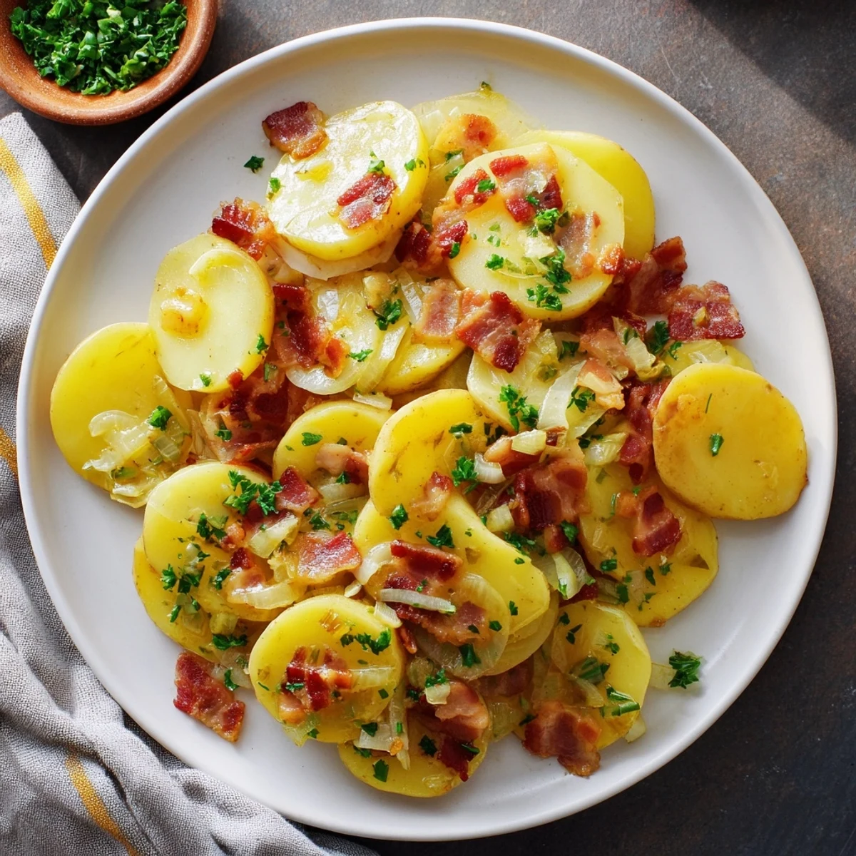 A close-up of delicious Warm German potato salad, ready to serve with grilled sausage.