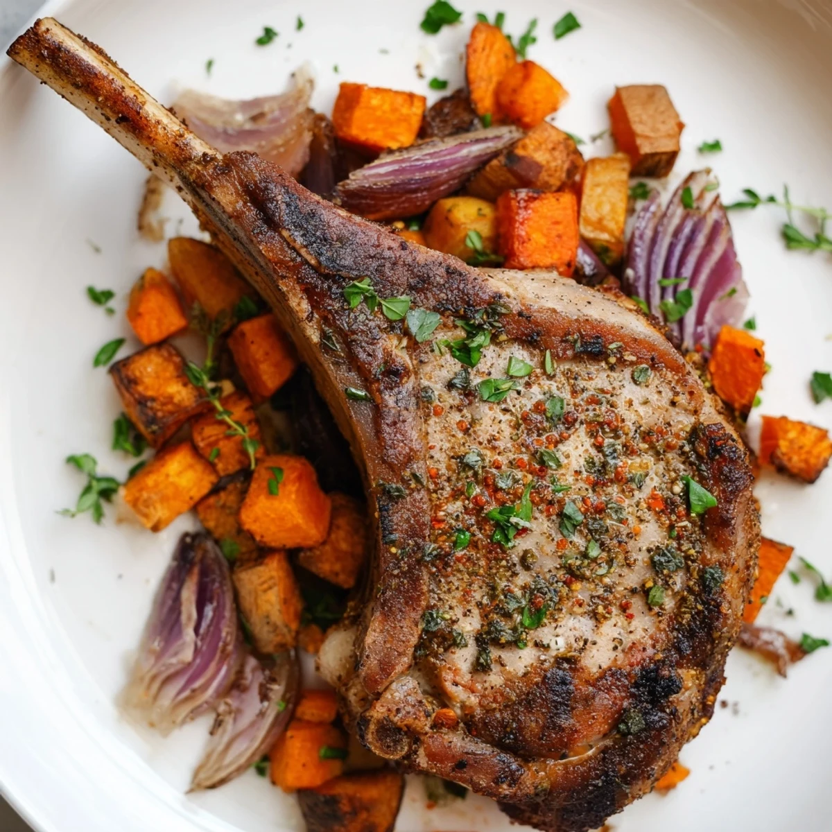 Tender The Perfect Sheet Pan Pork Chop roasted alongside golden, caramelized root vegetables.