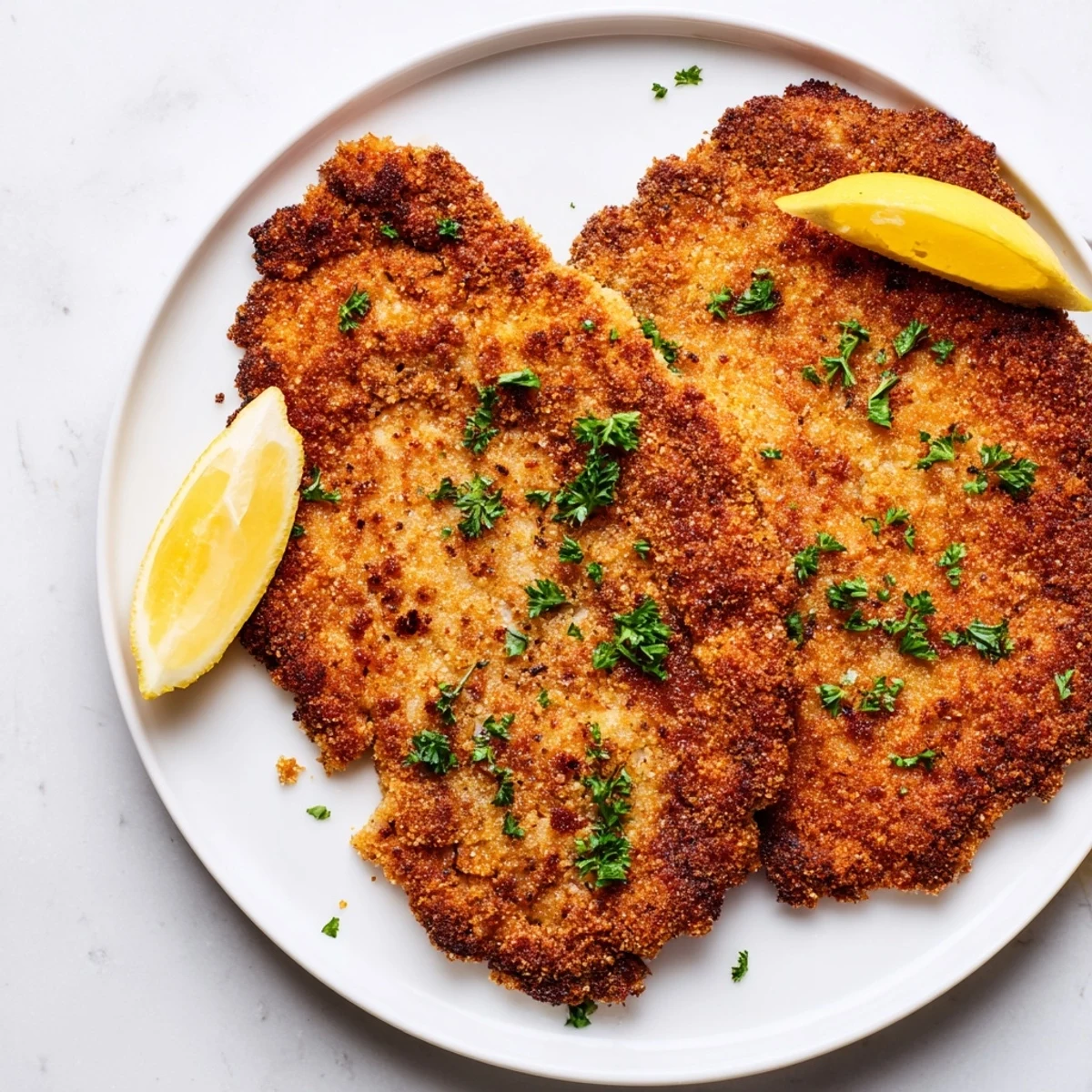 Close-up of golden brown air fryer Wiener Schnitzel, perfectly breaded and ready to enjoy.