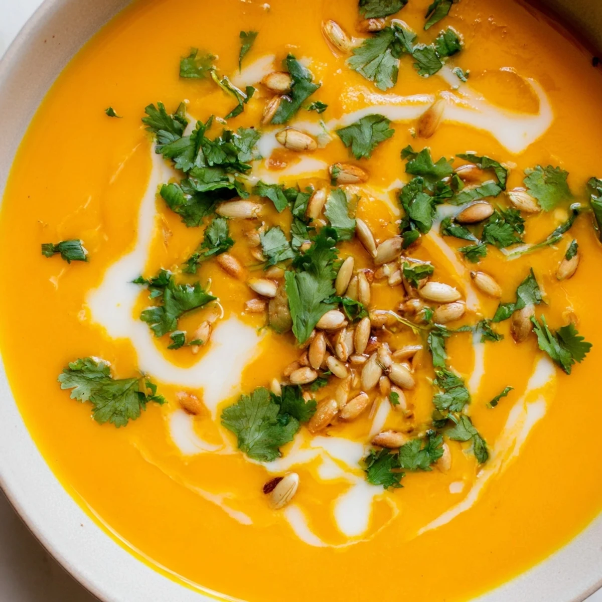 A steaming bowl of comforting Sweet Potato & Carrot Soup, perfect for a chilly evening with crusty bread.