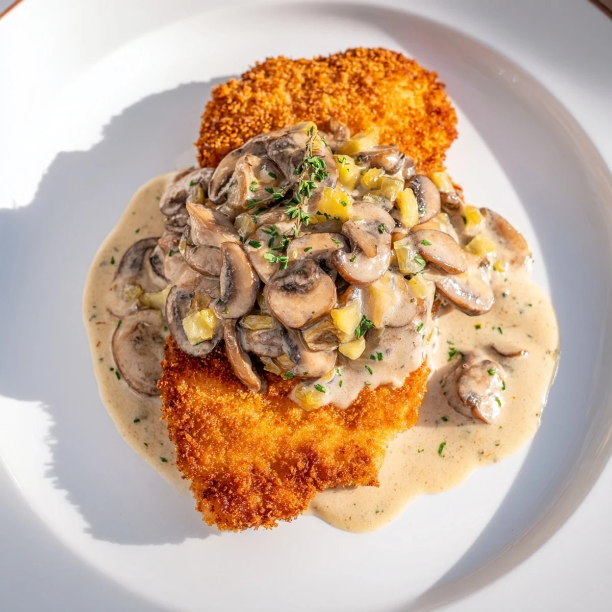 Crispy golden Jaeger Schnitzel, served with rich mushroom gravy, ready for a comforting meal.