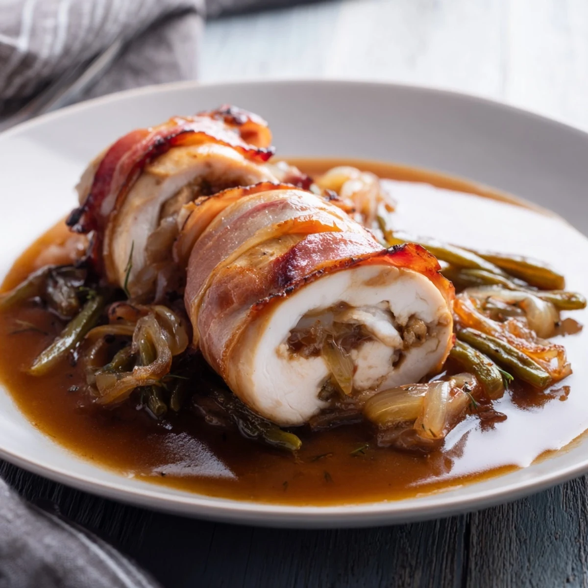 Savory Quick Chicken Rouladen Rolls, browned to perfection, sit in a rich, simmering gravy.