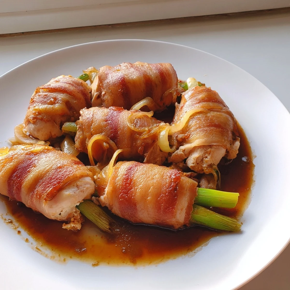 Close-up of succulent rolled Quick Chicken Rouladen Rolls, ready to be sliced and served with delicious sauce.