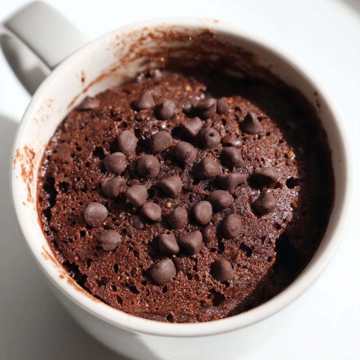 A warm, close-up shot of a rich Mug Cake Schokolade, topped with melting chocolate chips.