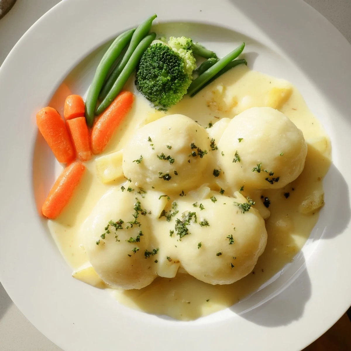 A steaming plate of German Kartoffelklöße, swimming in savory sauce with colorful vegetables.