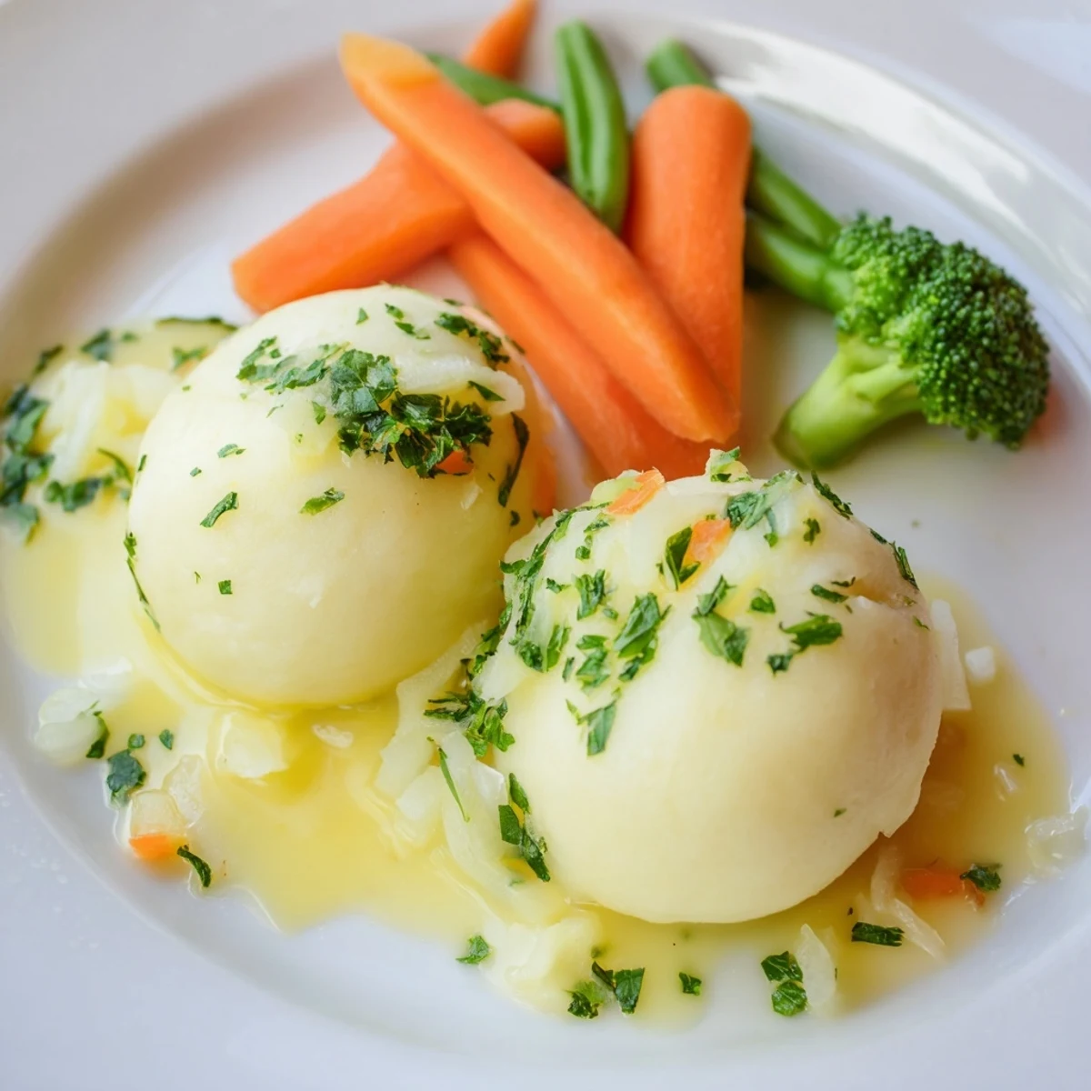 Fluffy Kartoffelklöße dumplings are pictured, ready to eat alongside a rich sauce and fresh veggies.