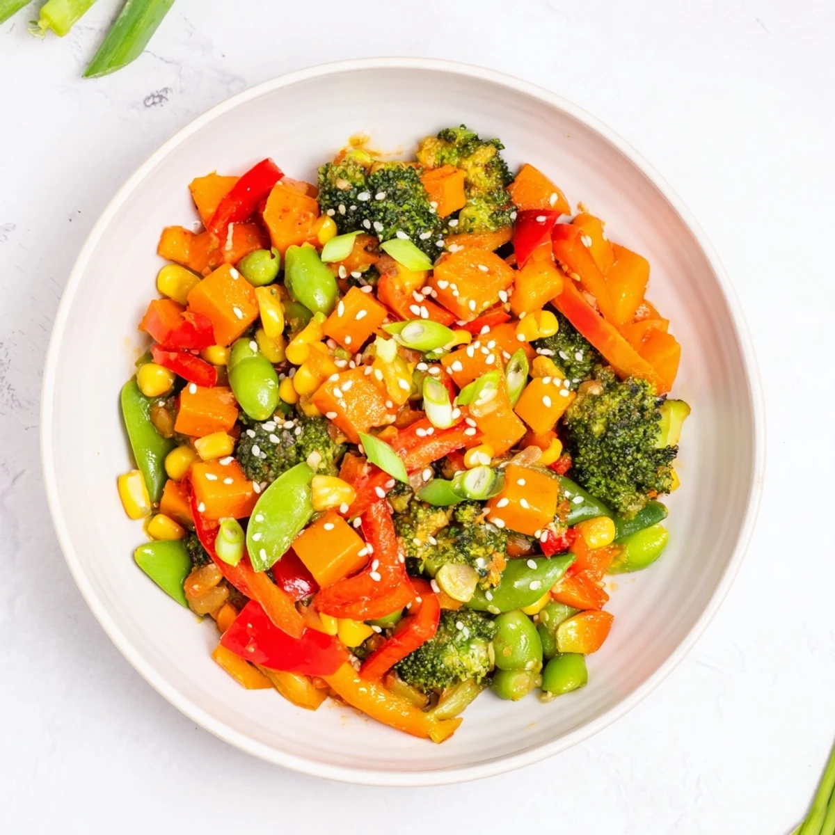 Colorful Vegetable Stir-Fry, with vibrant frozen vegetables coated in a savory sauce, ready for serving.