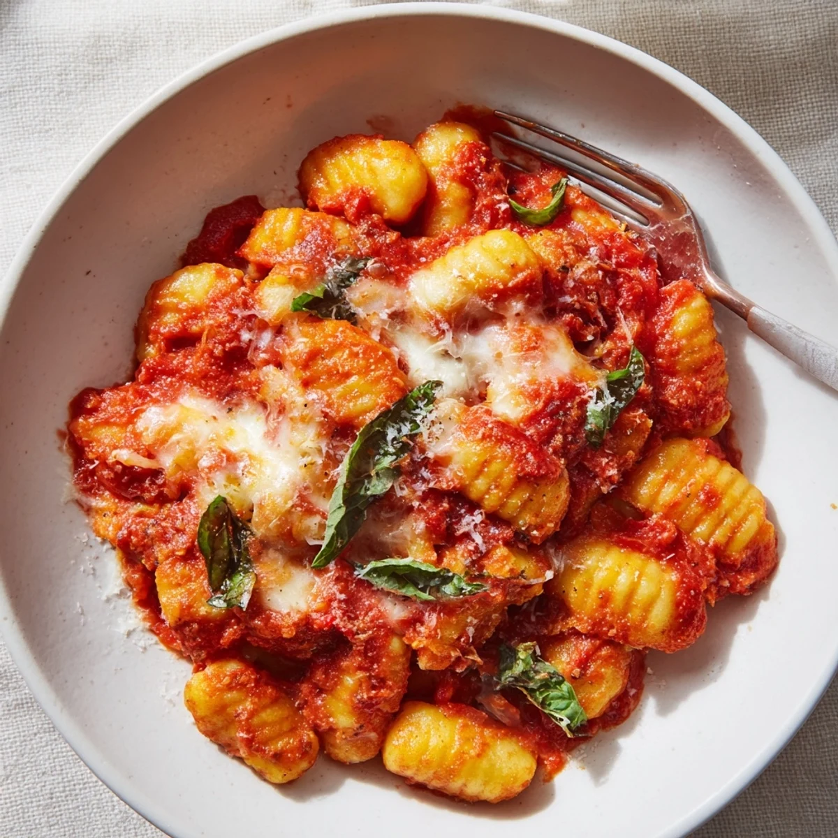Golden-brown oven-baked potato gnocchi smothered in rich tomato sauce, a comforting Italian dinner.