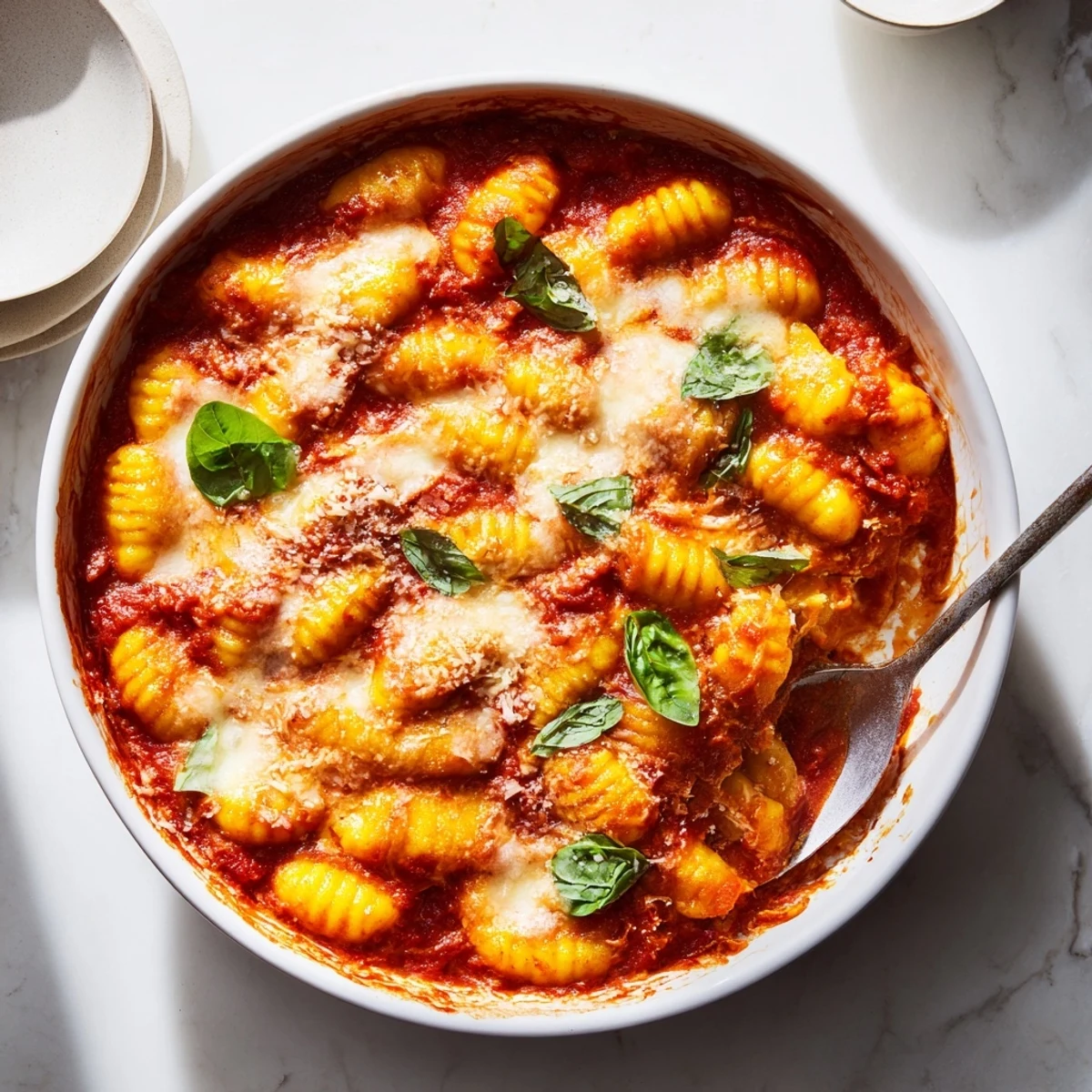 Close-up of baked potato gnocchi, the tender pasta with a rich tomato sauce topping.