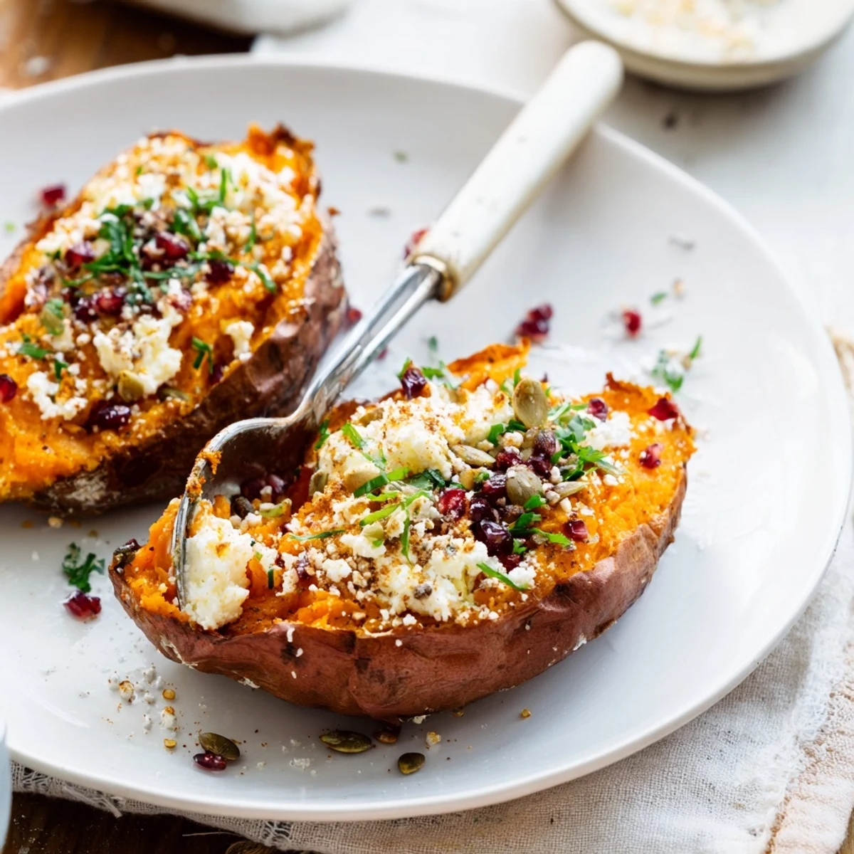 Warm, oven-baked sweet potato stuffed with cottage cheese and fresh herb filling, ready to serve.