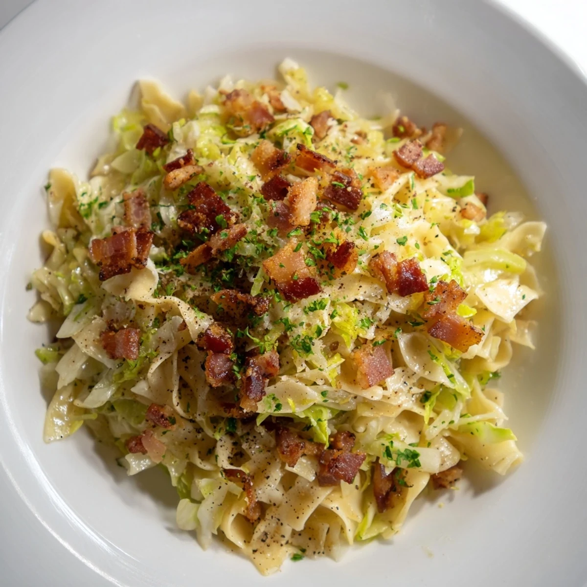 Savor the fragrant, hearty German Fried Bacon Cabbage Noodles with golden, caramelized cabbage.