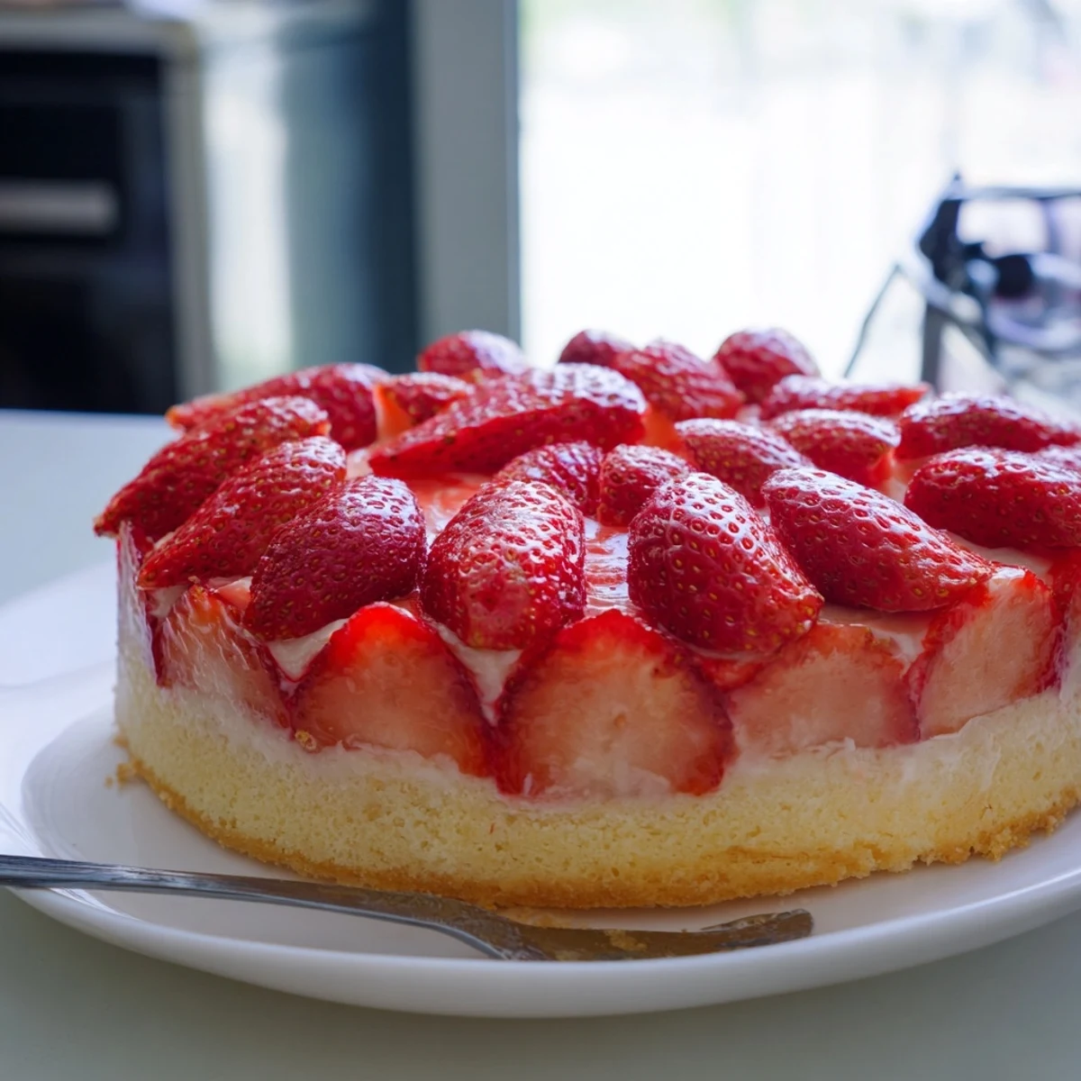 Fresh, juicy strawberries crown this German strawberry torte, layered on custard and sponge cake.