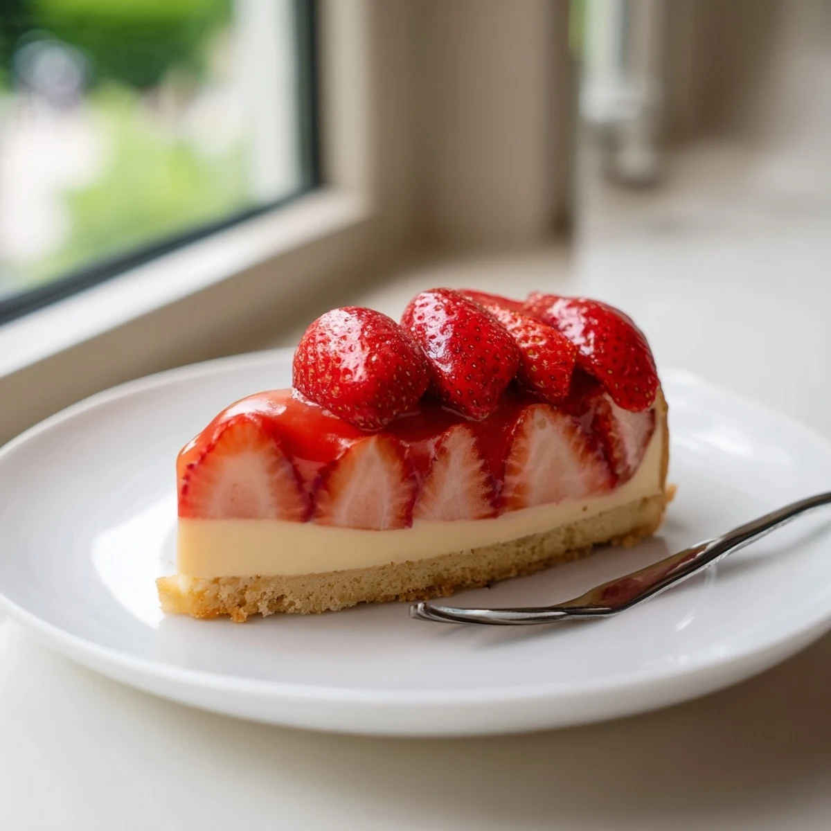 A beautiful cross-section reveals the layers of this delicious strawberry torte ready to serve.