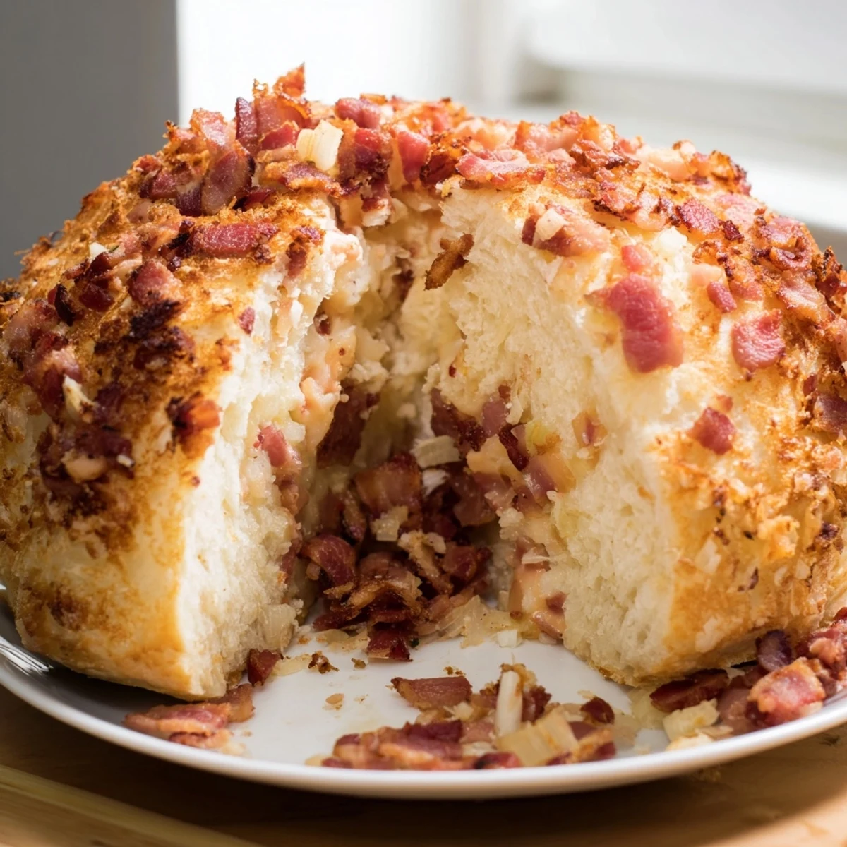 German Bread & Bacon Dumplings bobbing in broth, a warm and savory German side dish.