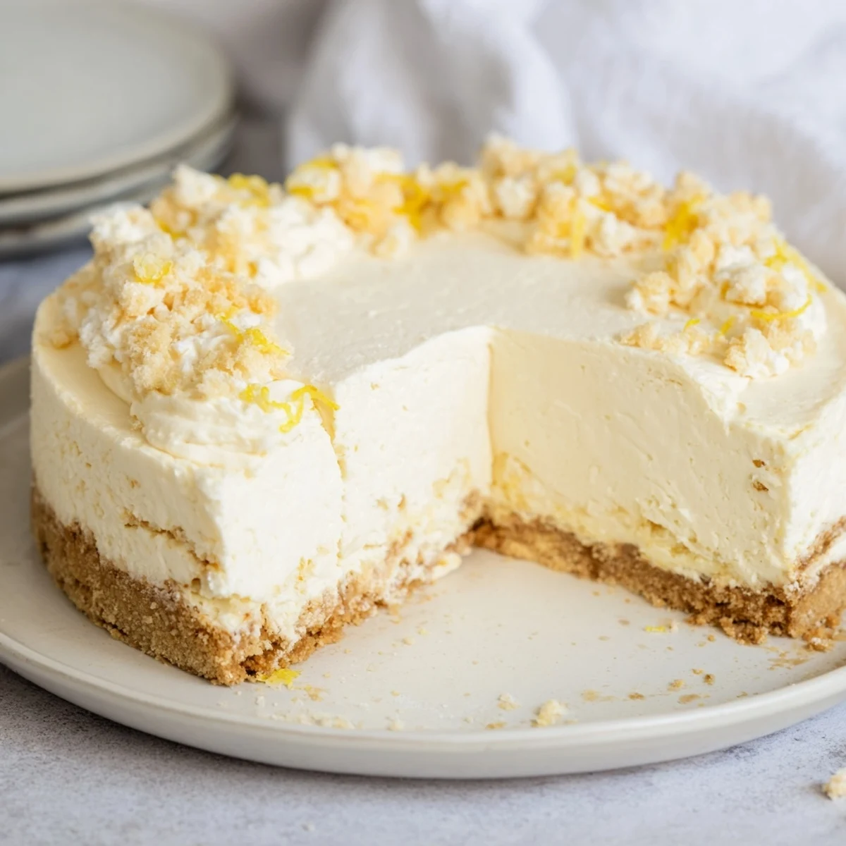 Close-up shot shows a fluffy slice of German cheesecake, perfect for a special treat.