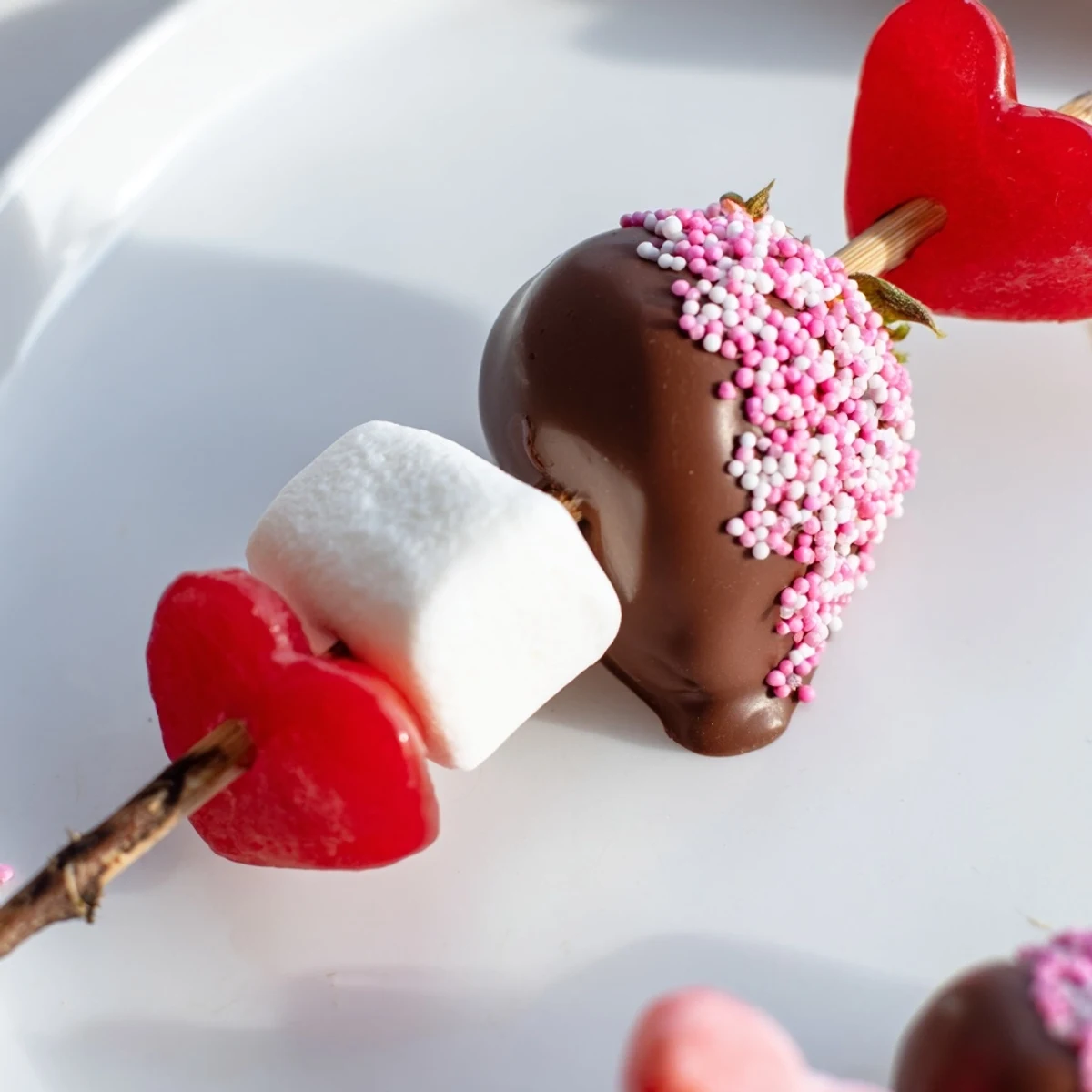 A vibrant Cupid's Arrow Candy Tray with chocolate-covered strawberries and colorful candies.