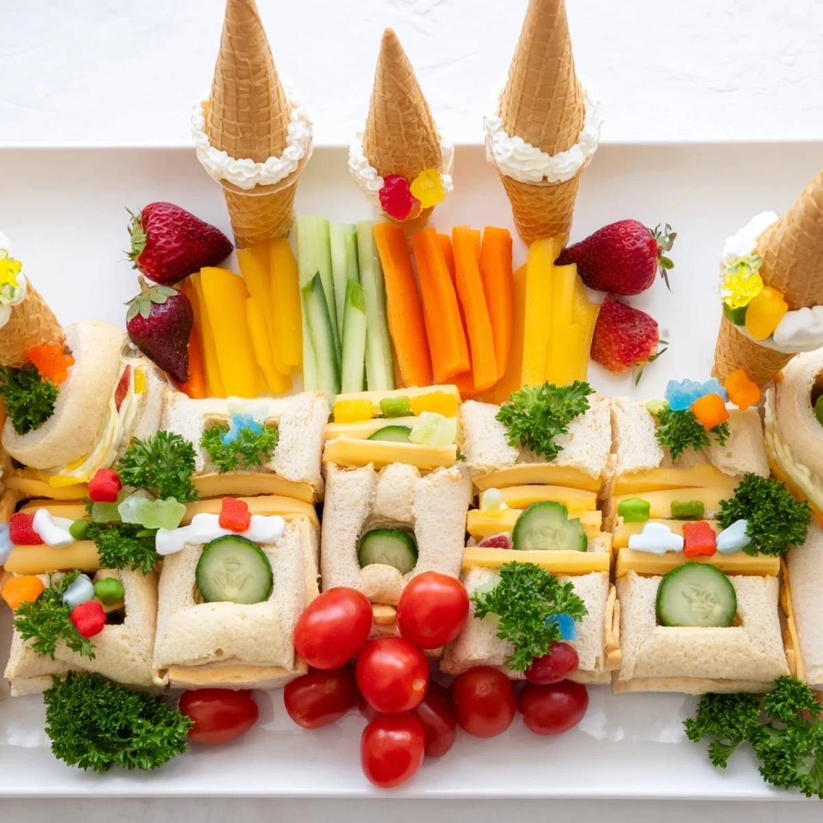A whimsical Fairy Tale Castle Platter with colorful fruits, veggies, and mini sandwiches.