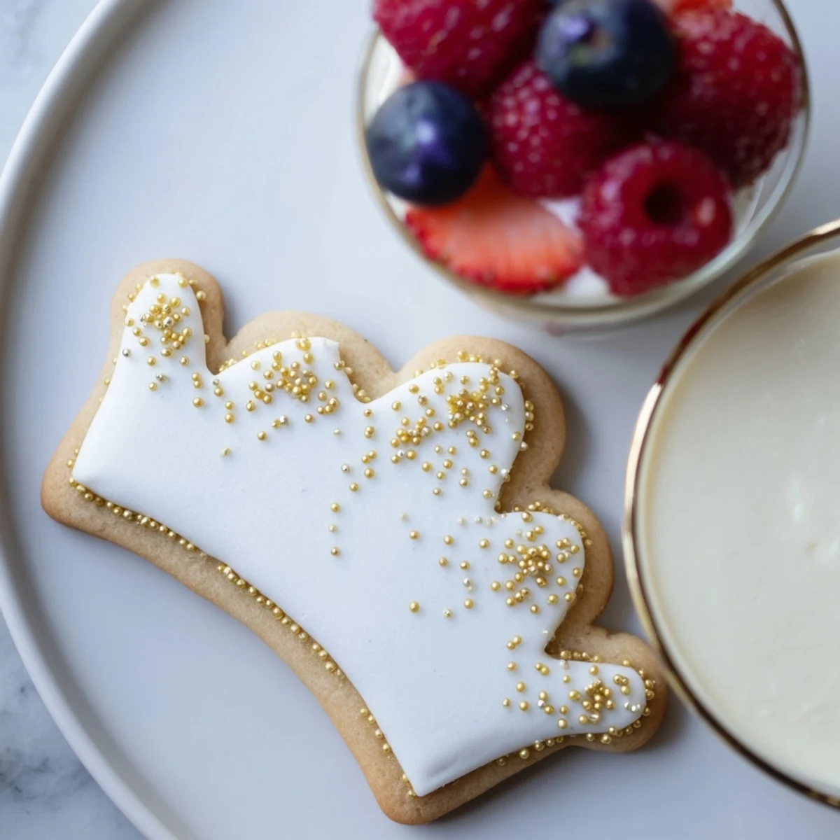 Bright berries gleam alongside delicate crown cookies in this Princess Crown Dessert Tray, ready to serve.