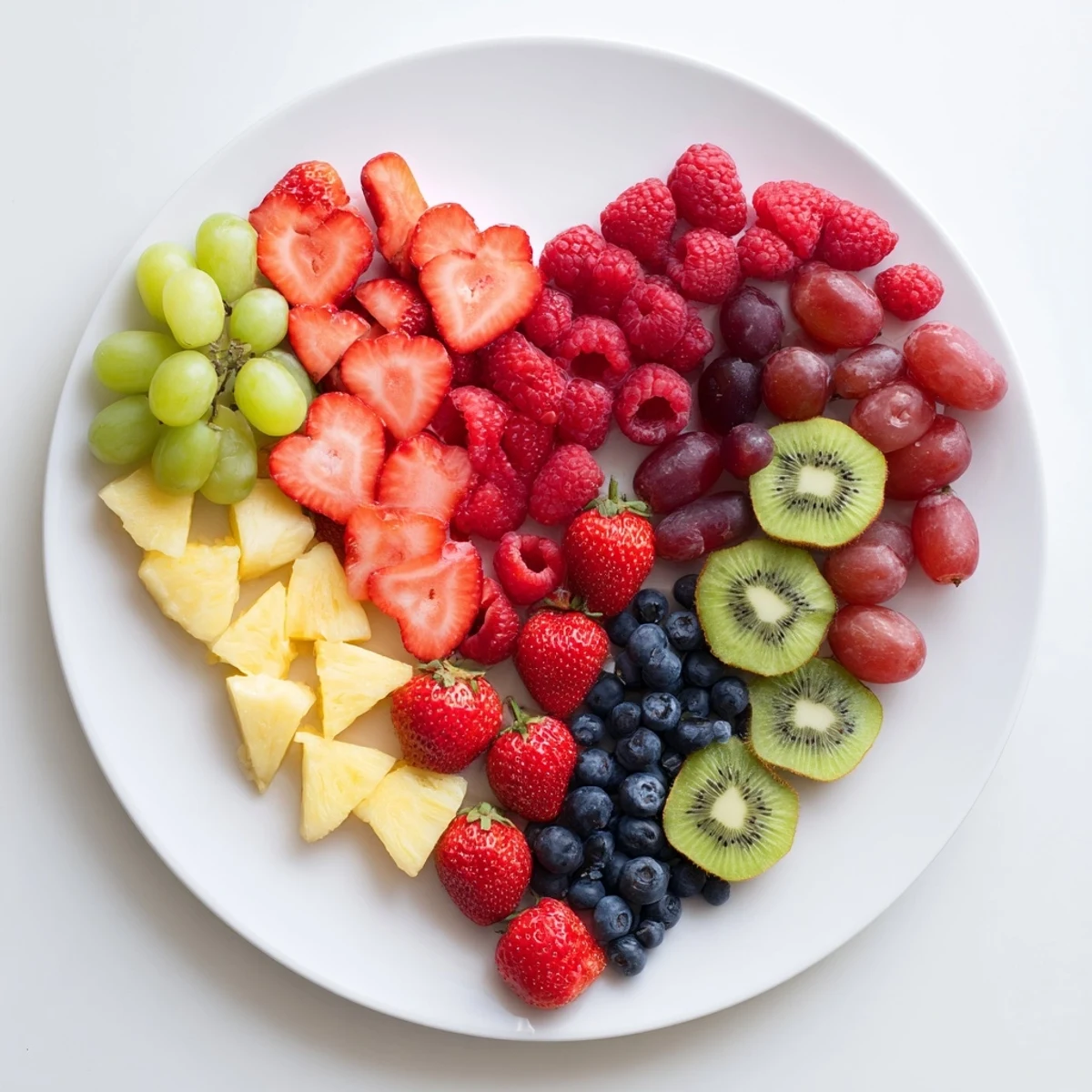 A vibrantly arranged Sweetheart Fruit Board, featuring fresh strawberries, melon hearts, and grapes, ready to enjoy.