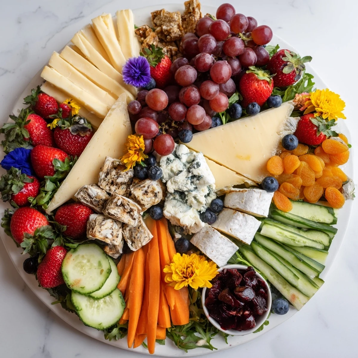 A visually stunning Enchanted Forest Grazing Board with vibrant fruits and cheeses.