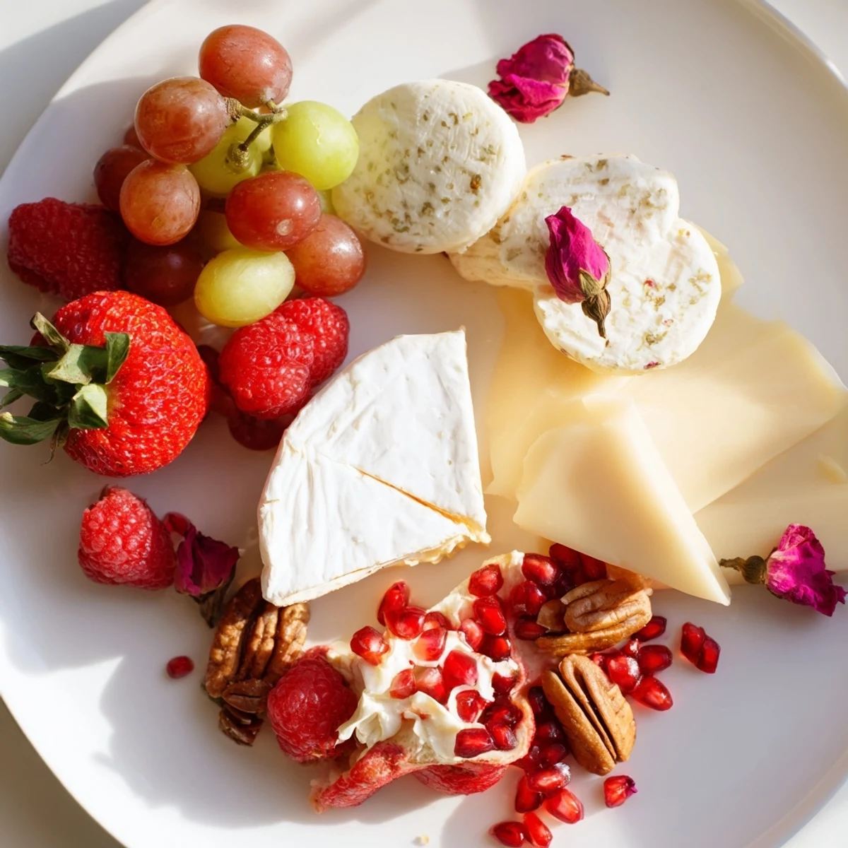 A romantic Rose Garden Romantic Platter with fresh fruit and artisan cheeses, perfect for sharing.