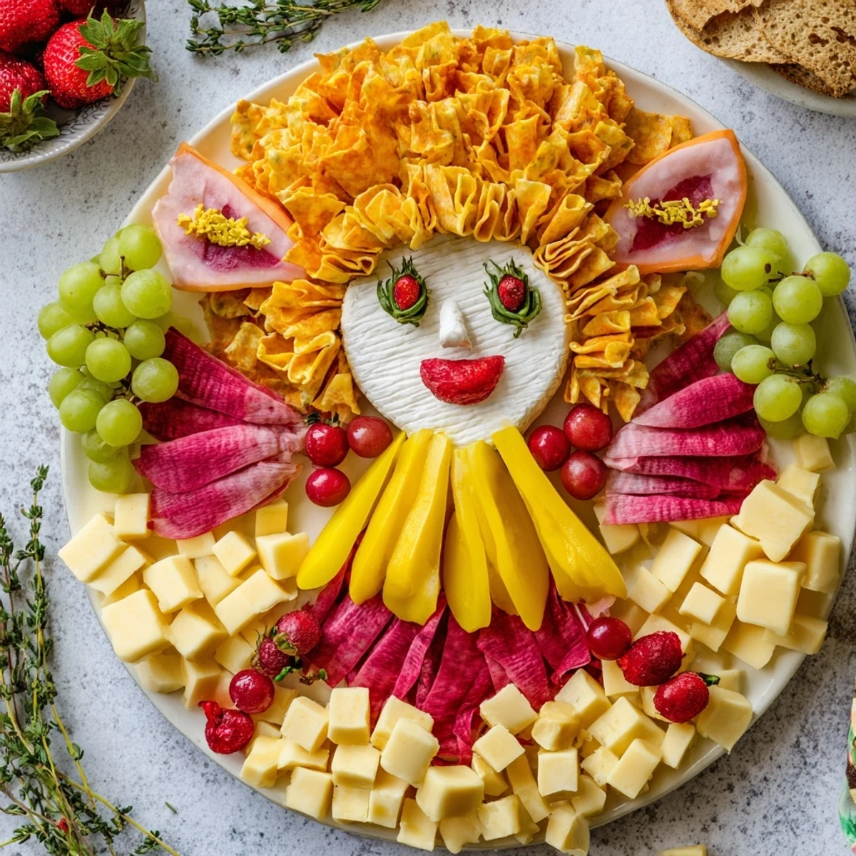 Vibrant cherub angel snack tray: strawberries, grapes, and cheeses create the angel shape for a party.