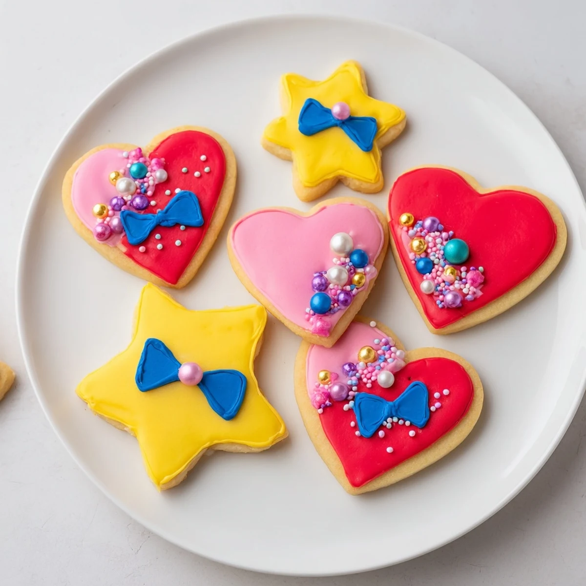 Pretty Bows Heart & Star Cookies: Colorful frosted heart and star sugar cookies with charming bow icing designs.