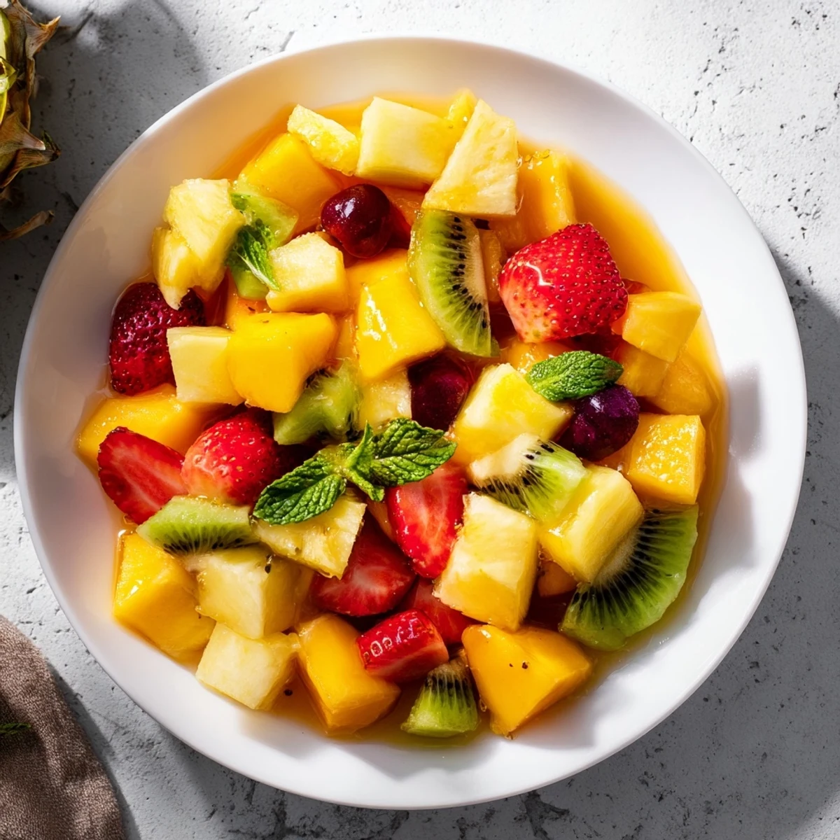This Tropical Bliss Pineapple Fruit Boat shows a vibrant, beautiful fruit salad arrangement.