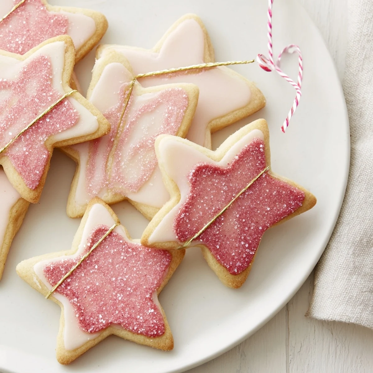 Mignonneries Coeurs et Étoiles Rubans: Butter cookies shaped like hearts and stars, ready to be iced and tied with festive ribbons.