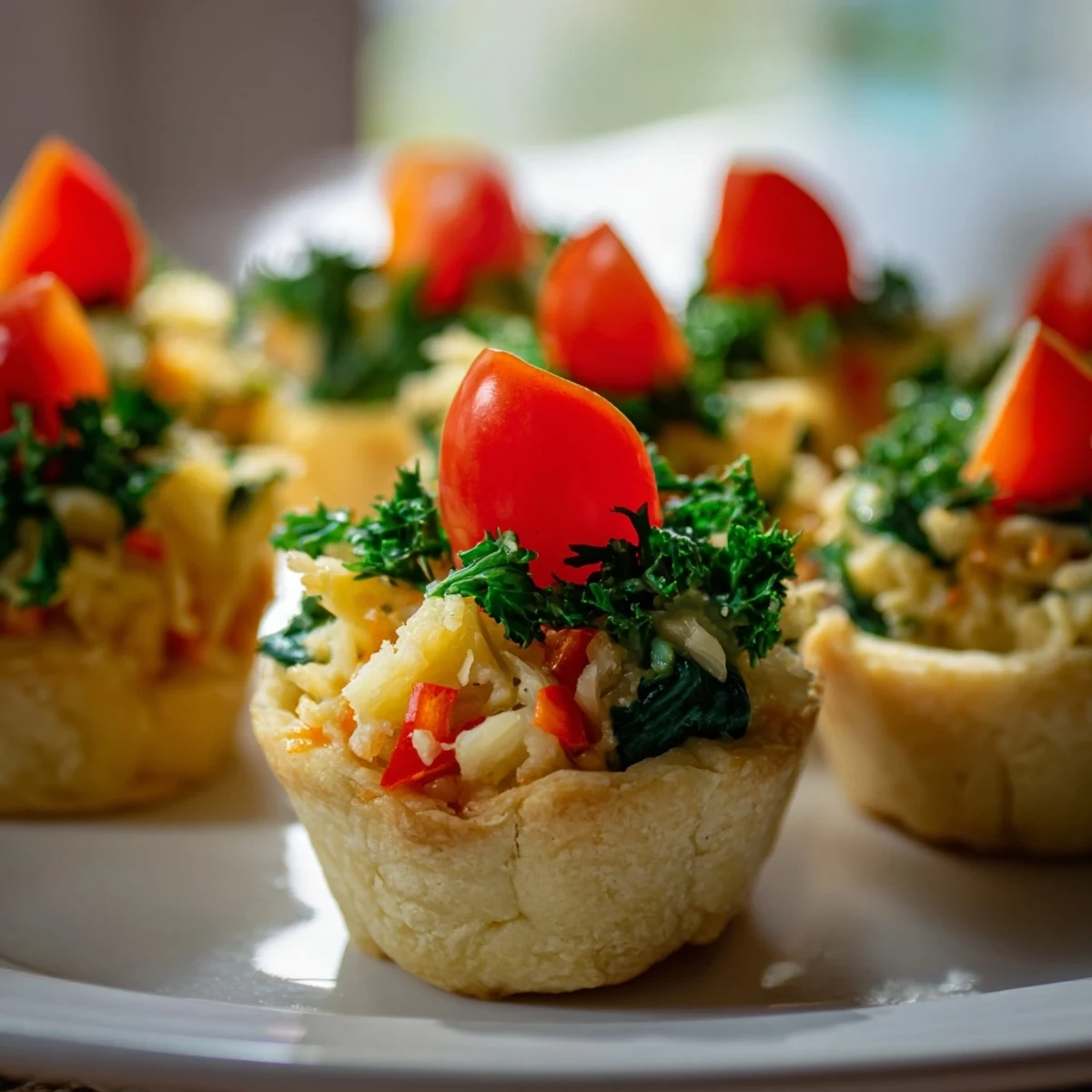 Mini Couronne Florale Quiches with a golden crust, filled with creamy cheese and fresh spring vegetables.