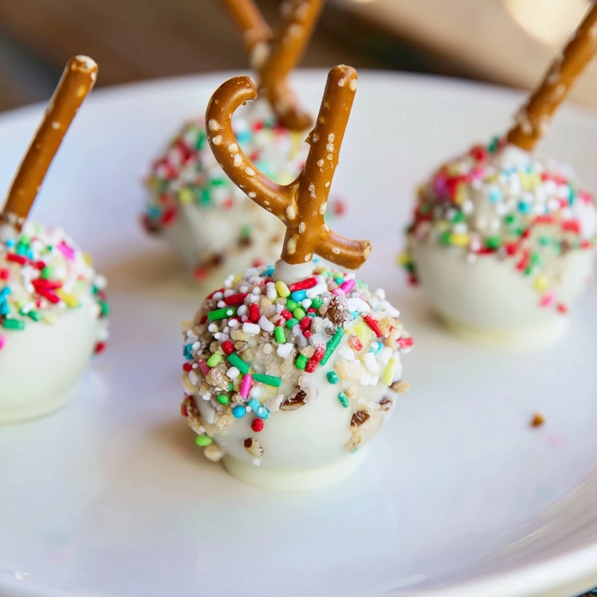 Holiday Ornament Candy Balls, dipped in white chocolate and covered in festive sprinkles, look delicious.