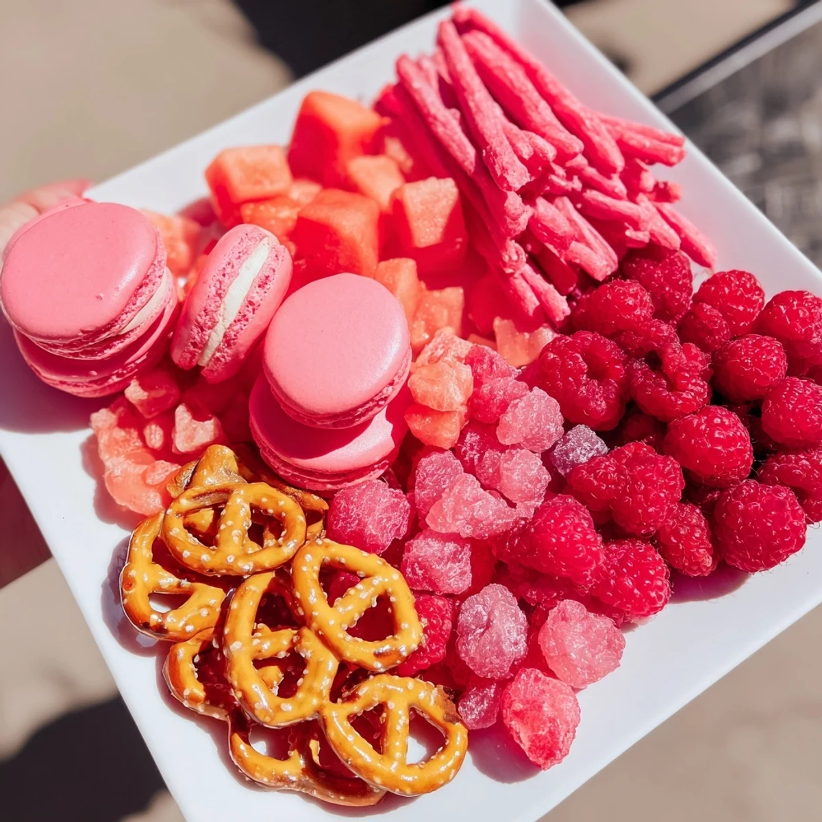 A vibrant baby reveal snack board featuring pink and blue treats for a festive celebration.