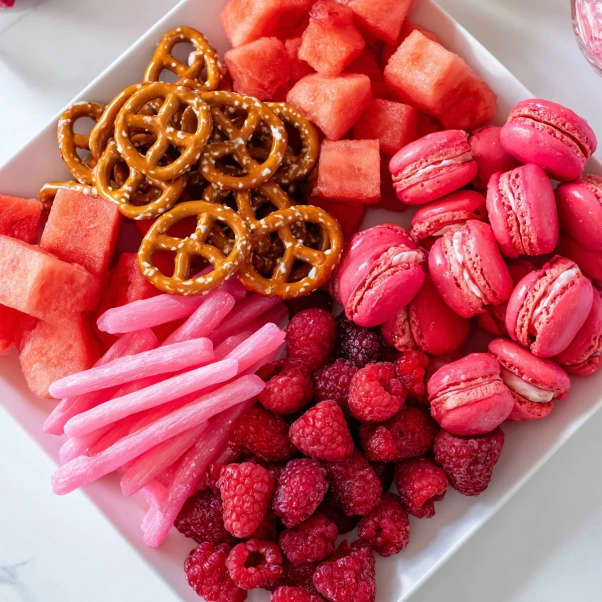 Delicious baby reveal snack board with fresh blueberries and pink macarons, ready to enjoy.