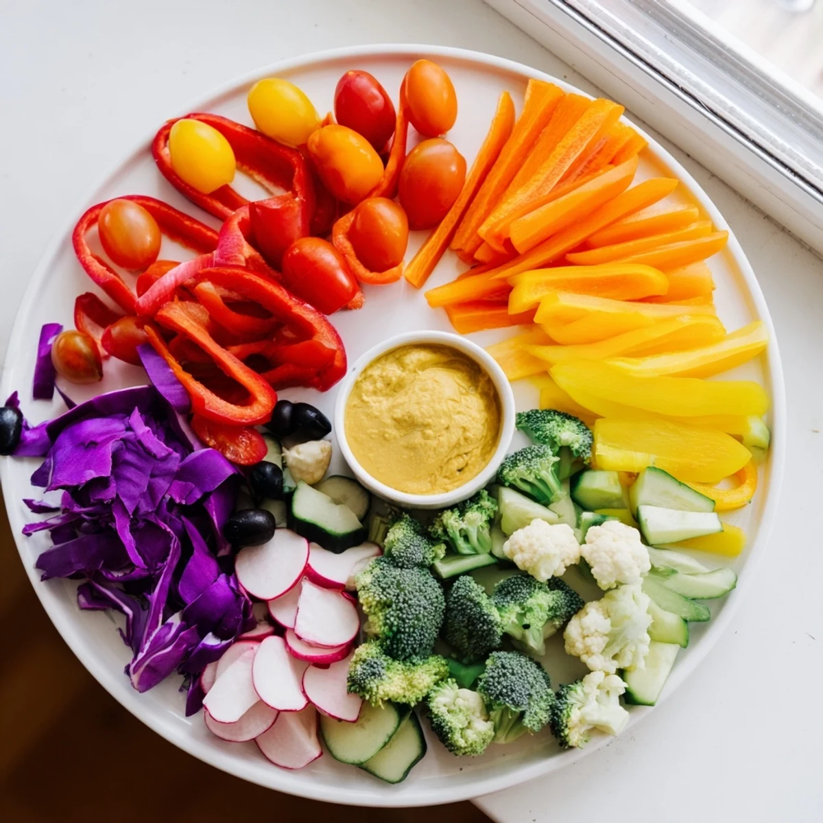 A visually stunning Vegetable Rainbow Board featuring a rainbow of colorful, crisp veggie slices for a party.