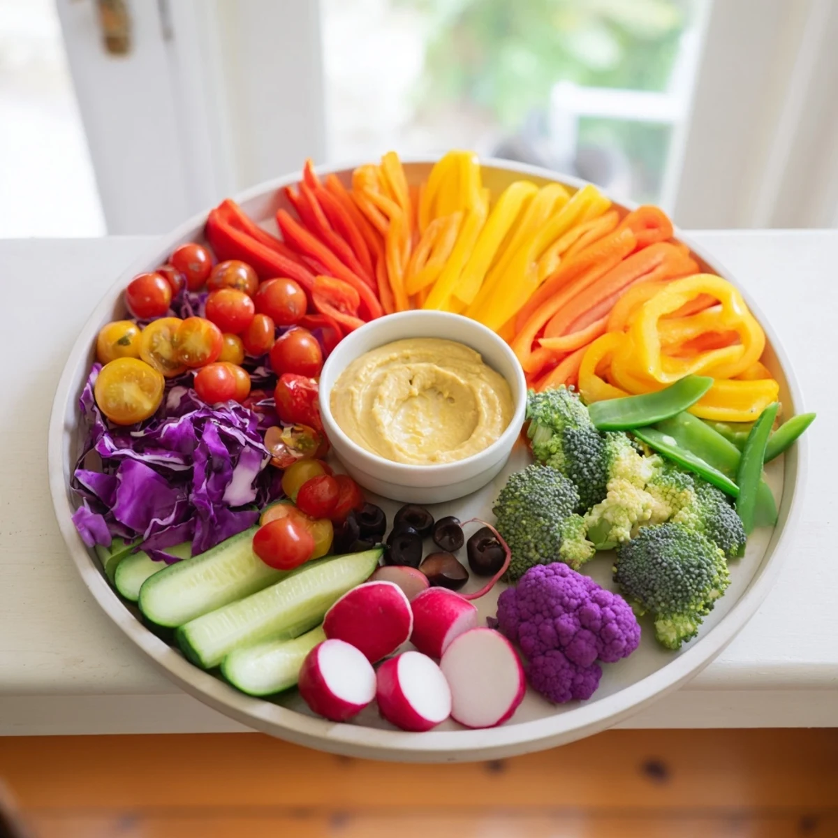 Fresh and healthy Vegetable Rainbow Board, a vegetarian appetizer with a colorful display of vegetables.