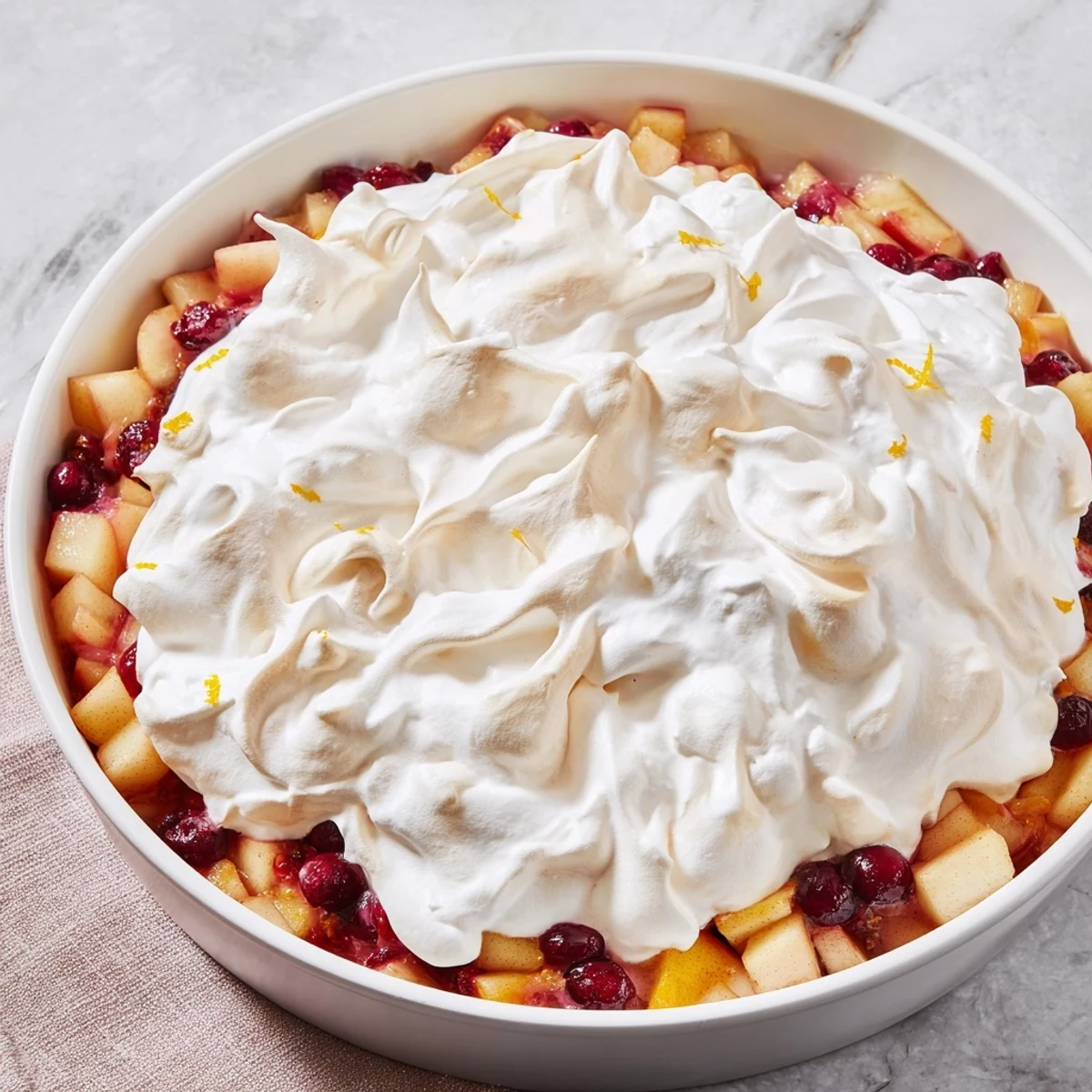 A close-up shot of the baked Cranberry and Pear Snowscape, a winter dessert, ready to serve.