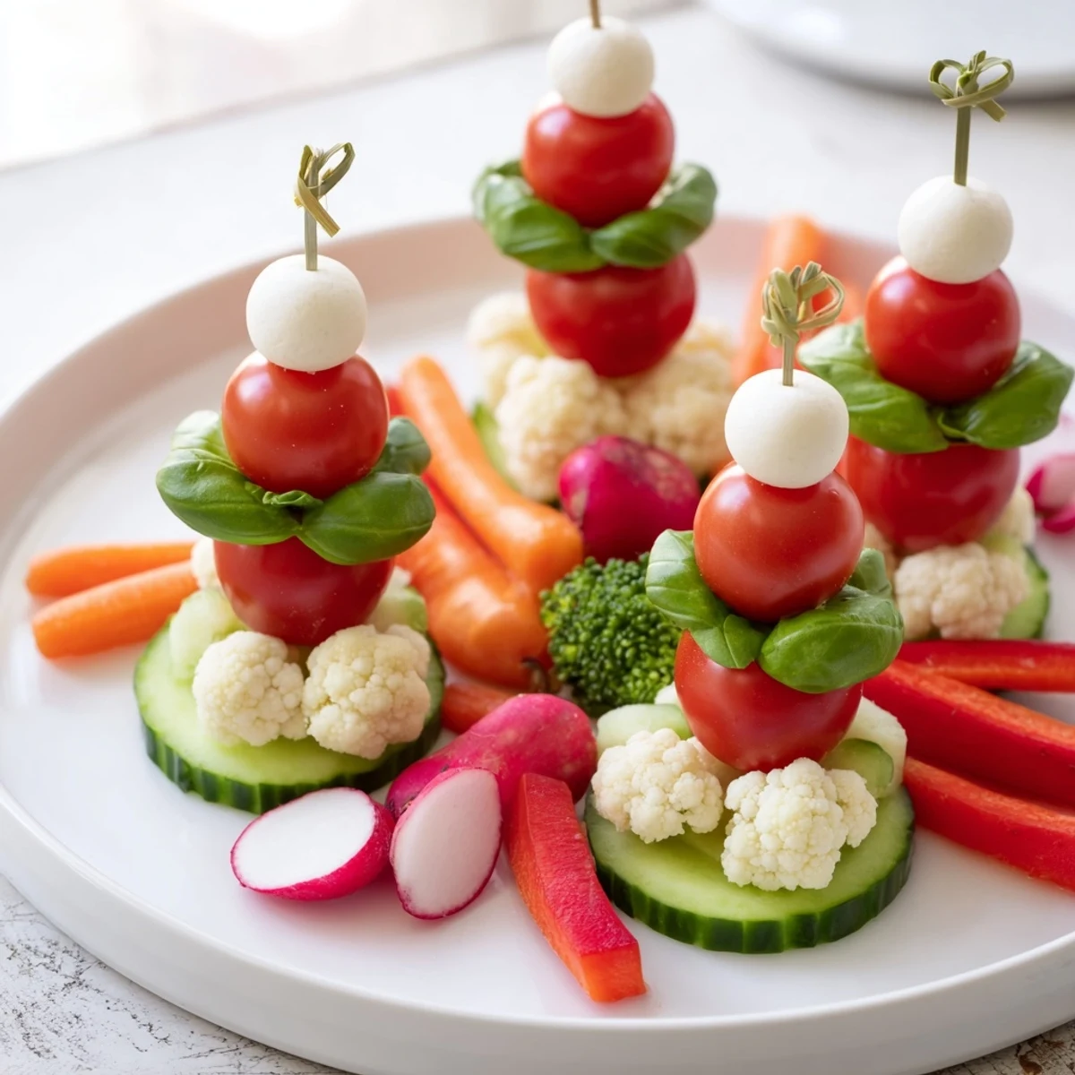 Bright red cherry tomatoes and creamy mozzarella make this Savory Crudités Santa Hat presentation inviting!