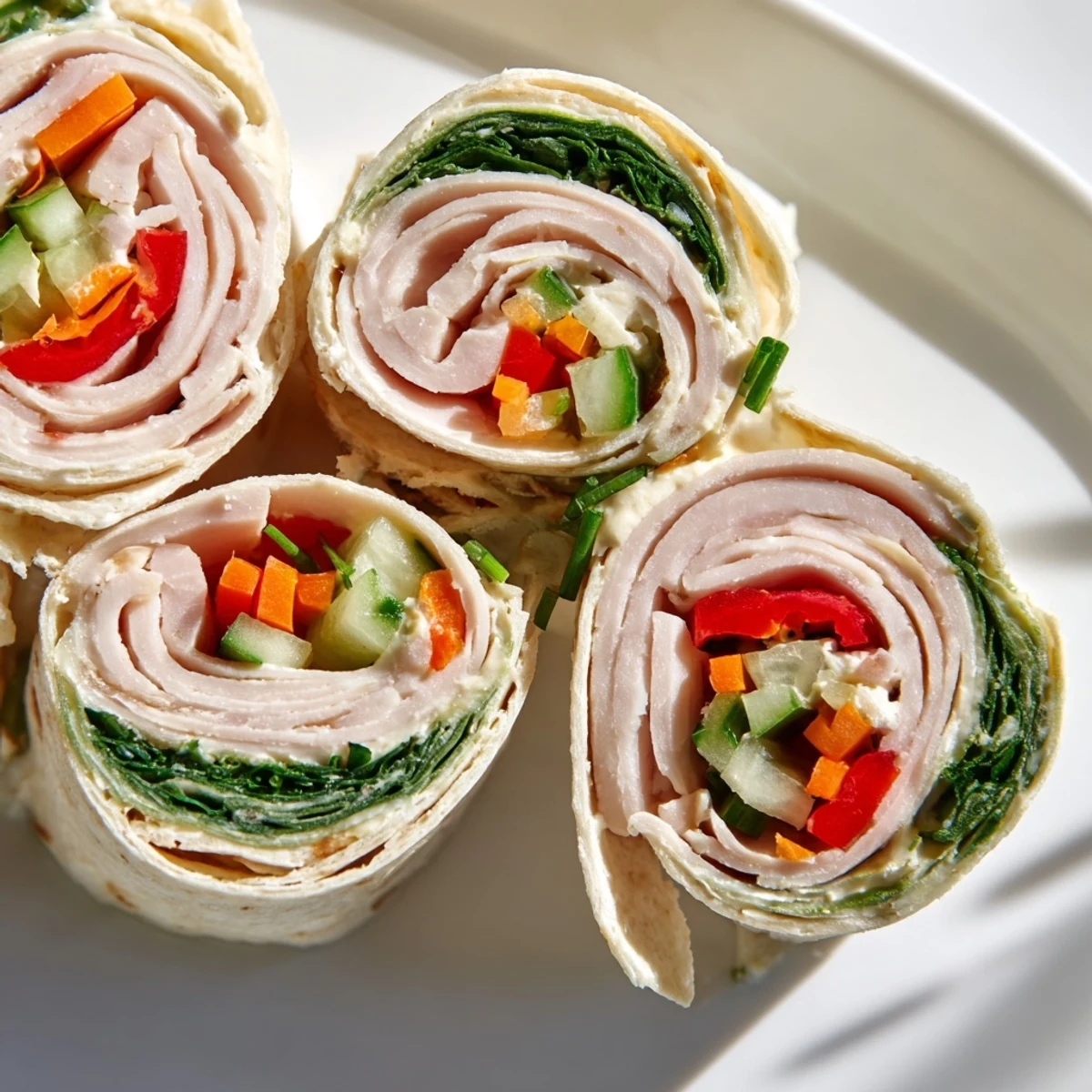 Delicious Savory Bites: Smoked Turkey Pinwheels, featuring colorful veggies and a creamy cheese filling.