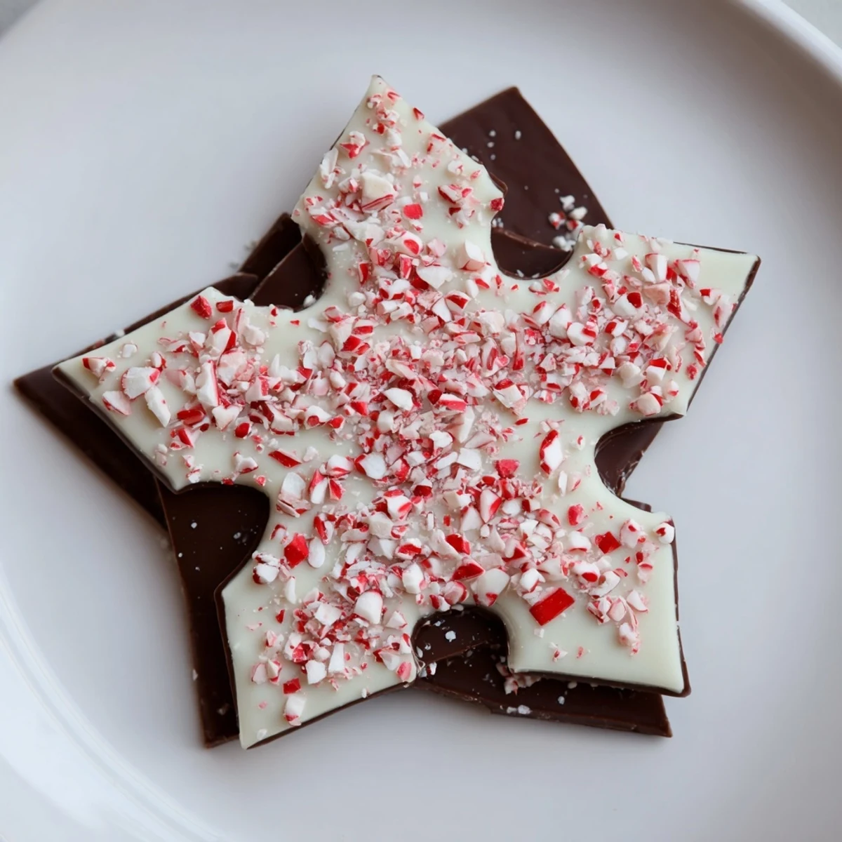 Rich, layered Peppermint Bark Snowflakes: dark chocolate, white chocolate, and crushed peppermint for a festive treat.