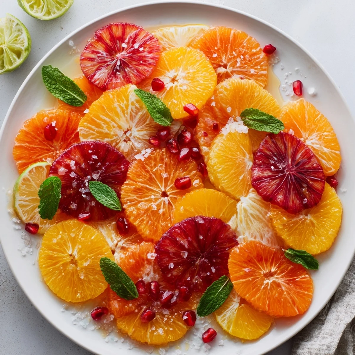 A colorful Fruit Board: Citrus Slice Garland Platter, arranged with vibrant orange, pink, and green citrus.
