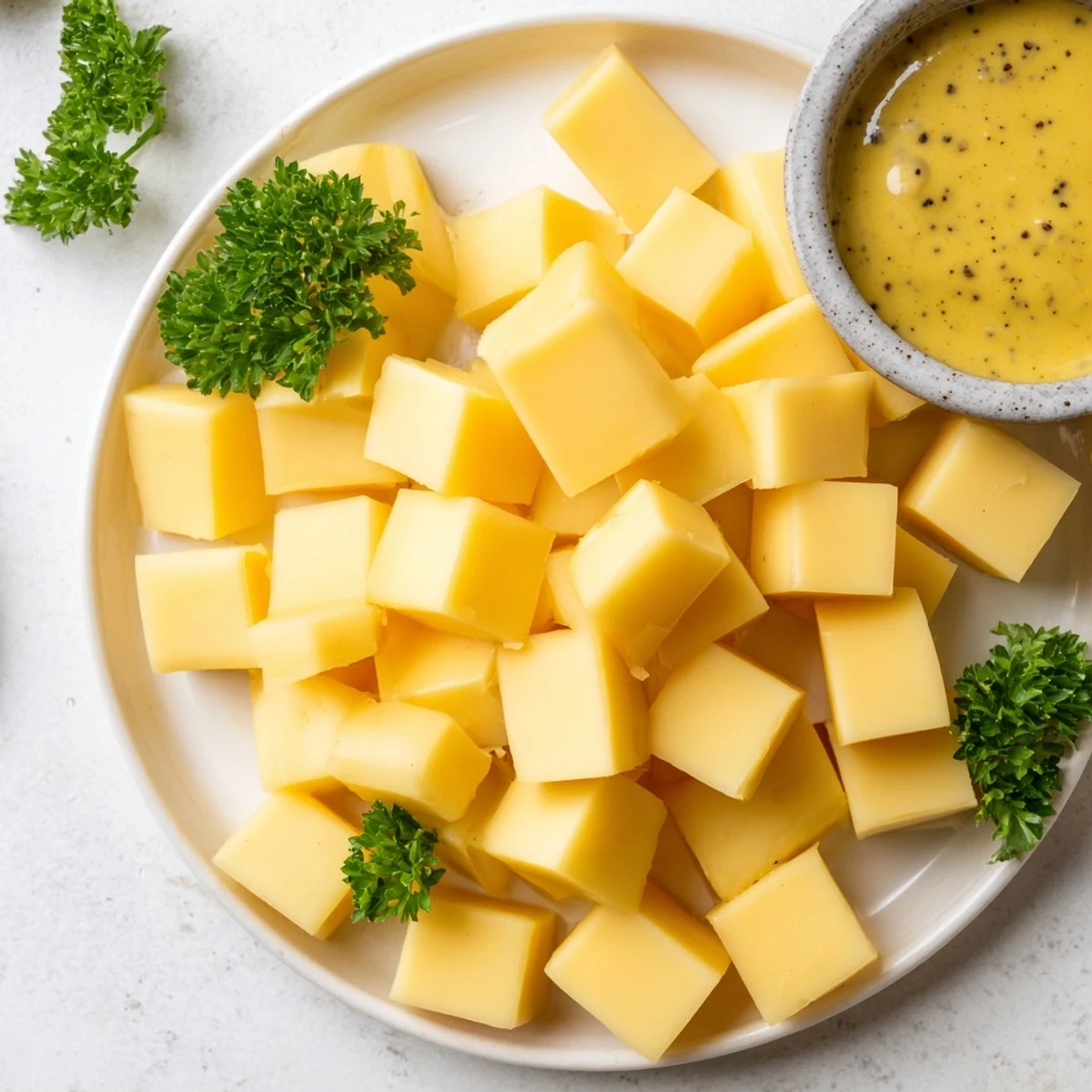 Käseplatte mit Gouda-Würfeln und Senf-Dip, drapiert mit frischem Parsley.