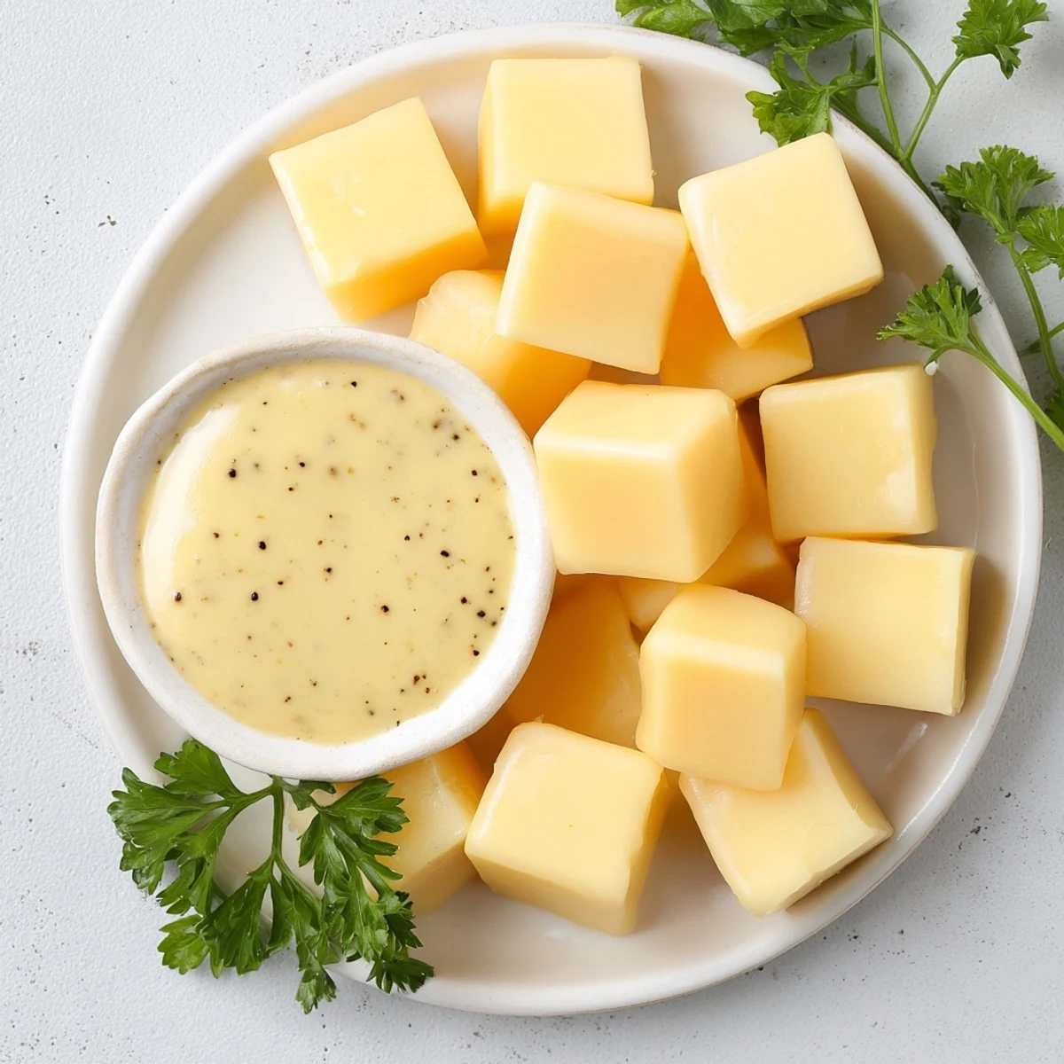 Nahaufnahme einer köstlichen Käseplatte mit Gouda-Würfeln und cremiger Senf-Dip-Sauce.