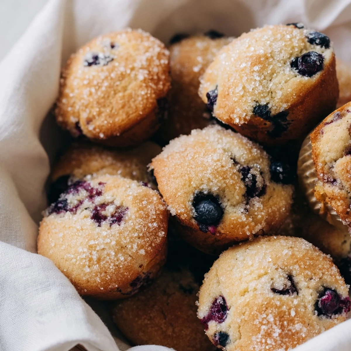 Fluffy mini blueberry muffins, freshly baked and nestled in a charming woven basket.